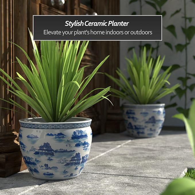 Red Lantern 14" Landscape Blue & White Porcelain Fishbowl Planter or Cachepot - Image 2