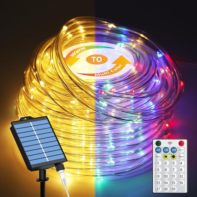 ICRGB Solar Rope Lights Outdoor, 66Ft 200LED 1800mAh Christmas String Lights by ICRGB