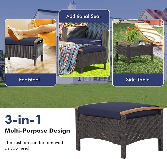 ORALNER Outdoor Ottoman, All-Weather Wicker Foot Stools w/Removable Cushions - Image 3