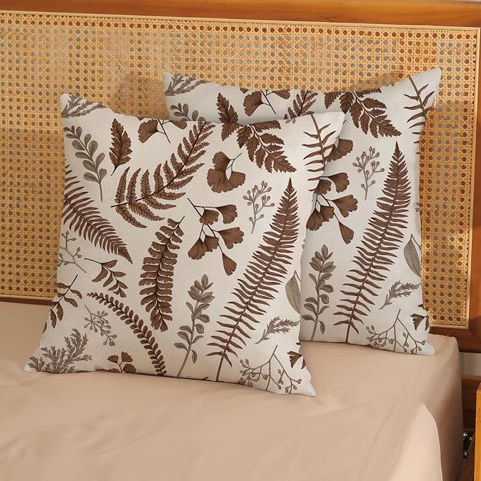 Brown Spring Pillow Covers 18x18 Inch 2 Pcs Vintage Leaf Plant Decor Throw - Image 2