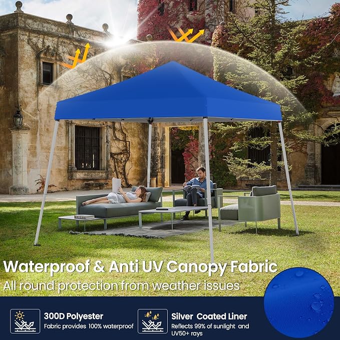 10x10 Pop Up Canopy, 300D Silver Coated Blue Fabric Outdoor Gazebo, Beach Tent - Image 3