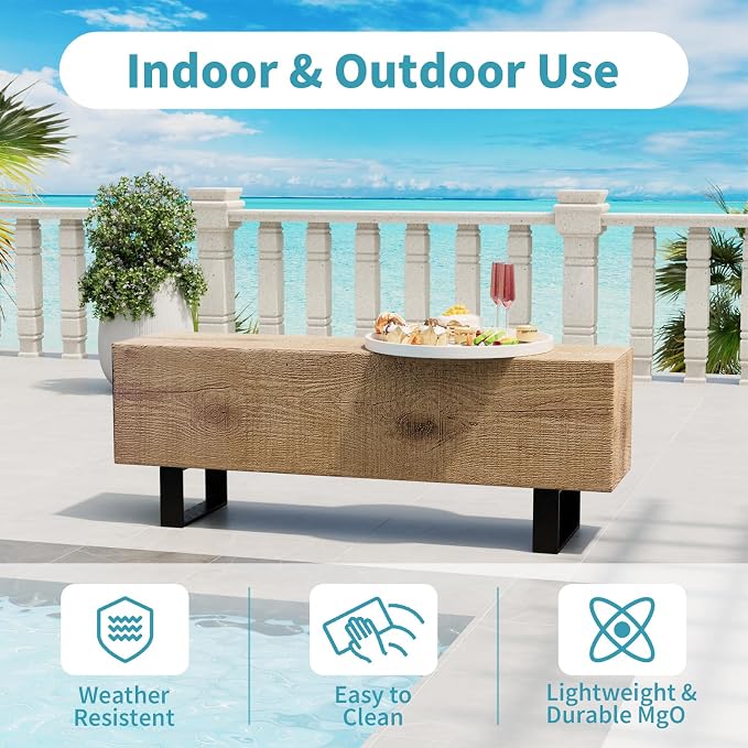 AQUILLA Modern Outdoor Bench, Faux Wooden Patio Bench, Concrete Backless Porch - Image 6