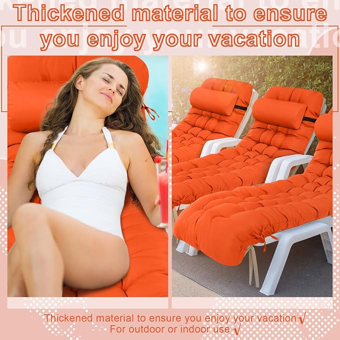 Tudomro 2 Pcs Orange 66'' Outdoor Chaise Lounge Cushion Waterproof Patio Lawn - Image 6
