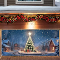 Christmas Garage Door Banner 6x13FT, Night Village Christmas Tree Scene by ANNAQUEEN