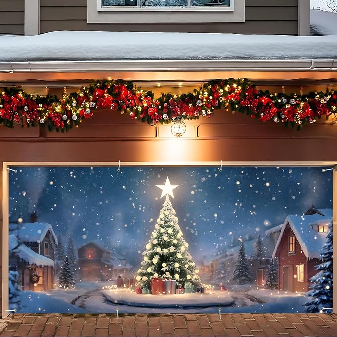 Christmas Garage Door Banner 6x13FT, Night Village Christmas Tree Scene by ANNAQUEEN