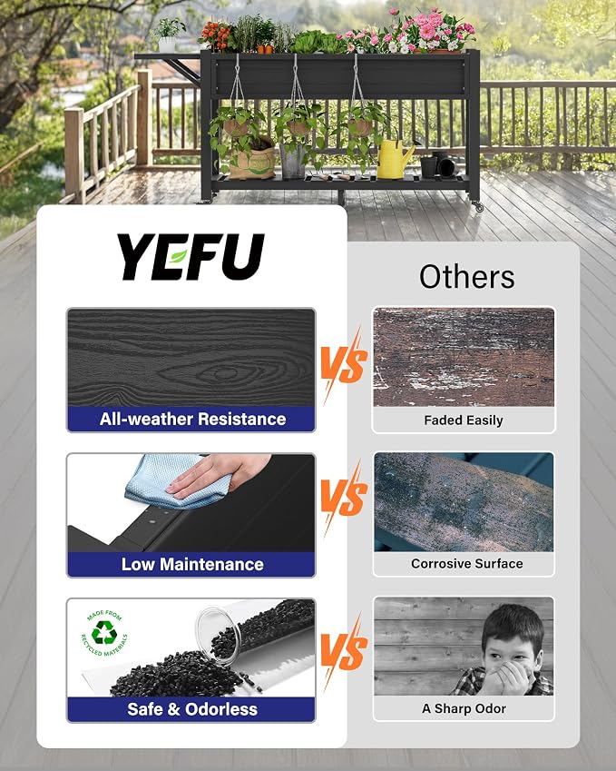 YEFU Raised Garden Bed with Legs: 57x18x30in Elevated Poly Planter with Wheels - Image 3
