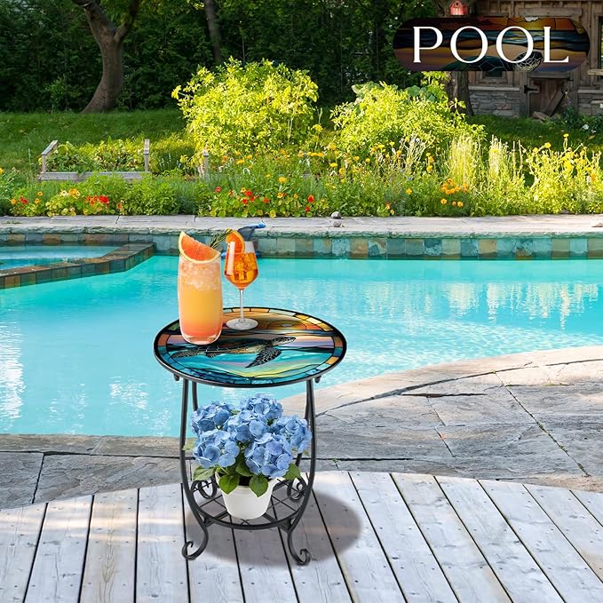 Outdoor Side Table Round Small Mosaic Patio Accent Indoor End Plant Coffee Tea - Image 2