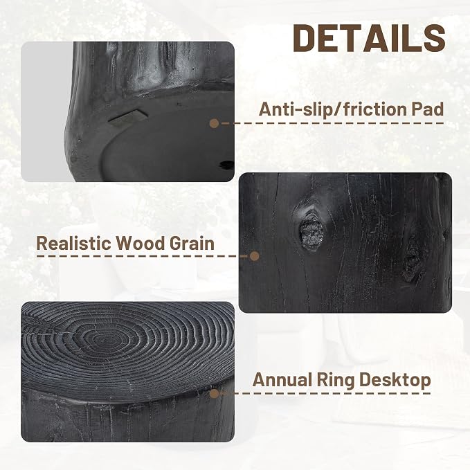 COSIEST Outdoor End Table Black Colored Faux Wood, Hand-Painted Wood Stump Stool - Image 7