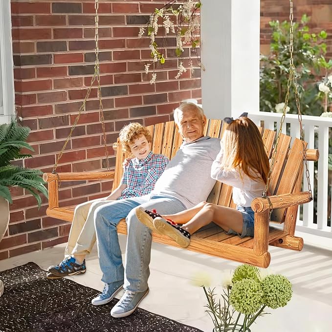Outdoor Porch Swing Front Porch Hanging Wooden Bench Swing 3 Seat Chair - Image 2