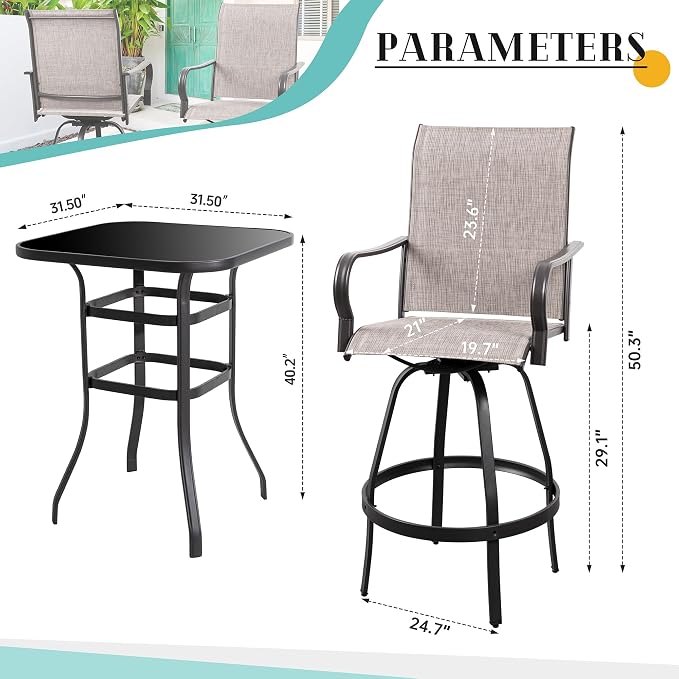 Vongrasig 5 Piece Patio Swivel Bar Set, All Weather Mental Textilene High - Image 5