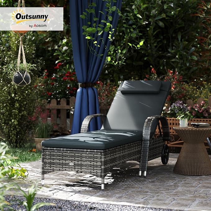 Outsunny Wicker Outdoor Chaise Lounge, 5-Level Adjustable Backrest PE Rattan - Image 2