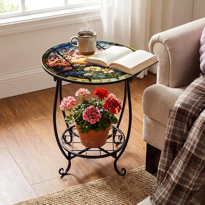 Outdoor Side Table Round Small Mosaic Patio Accent Indoor End Plant Coffee Tea - Image 2