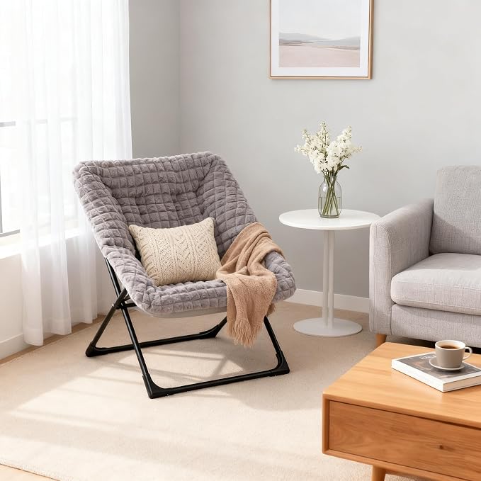 HollyHOME X-Large Saucer Chair, Comfy Oversized Folding Chair, Faux-Fur Reading - Image 8