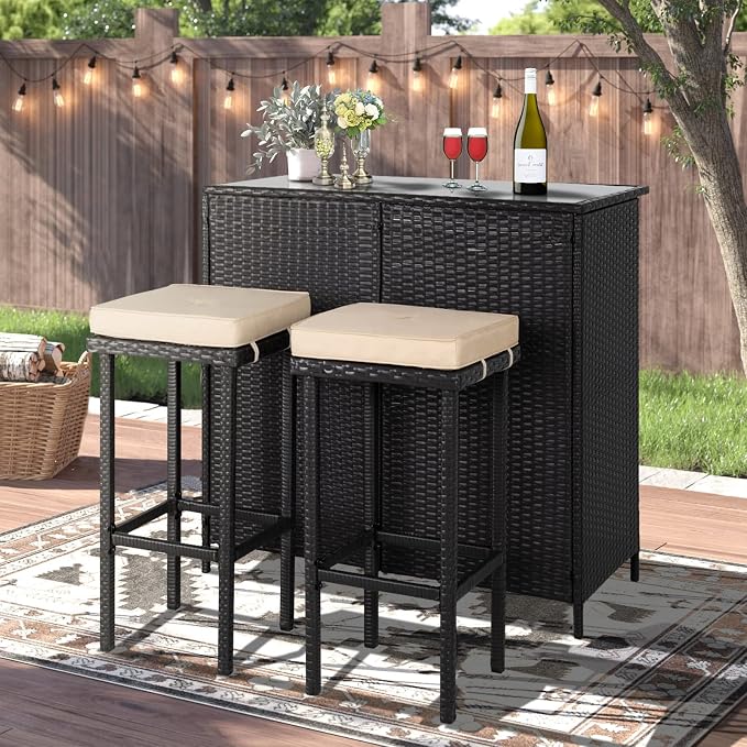 3-Piece Wicker Outdoor Furniture Bar Set, 2 Stools and 1 Glass Top Table - Image 2
