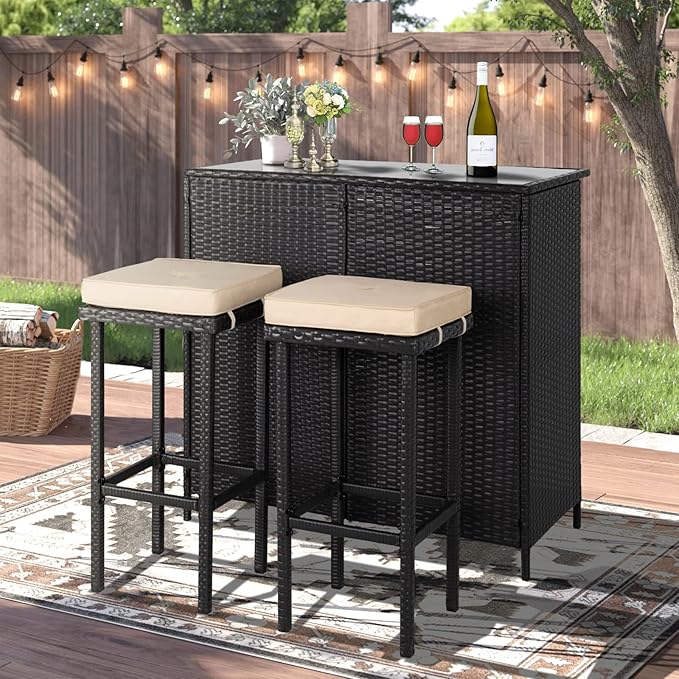Crownland 3-Piece Wicker Outdoor Furniture Bar Set, 2 Stools and 1 Glass Top - Image 2