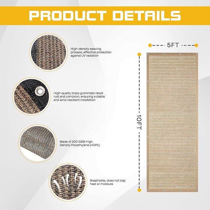 5'x 10' Sun Shade Cloth with Bungee Balls, Sand Outdoor Pergola Shade Cover - Image 3