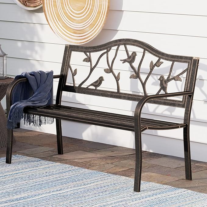 PHI VILLA Outdoor Garden Park Bench Patio 50" Metal Bench, Steel Frame Bench by PHIVILLAThepioneerofcomfortablehouseholdsupplies