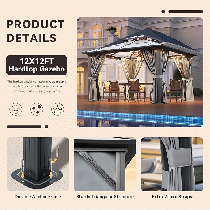 Aoxun 12'x12' Hardtop Gazebo, Outdoor Metal Gazebo - Image 8