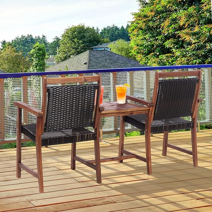 Tangkula Acacia Wood Garden Bench, Patiojoy Rattan Companion Loveseat Chair - Image 3