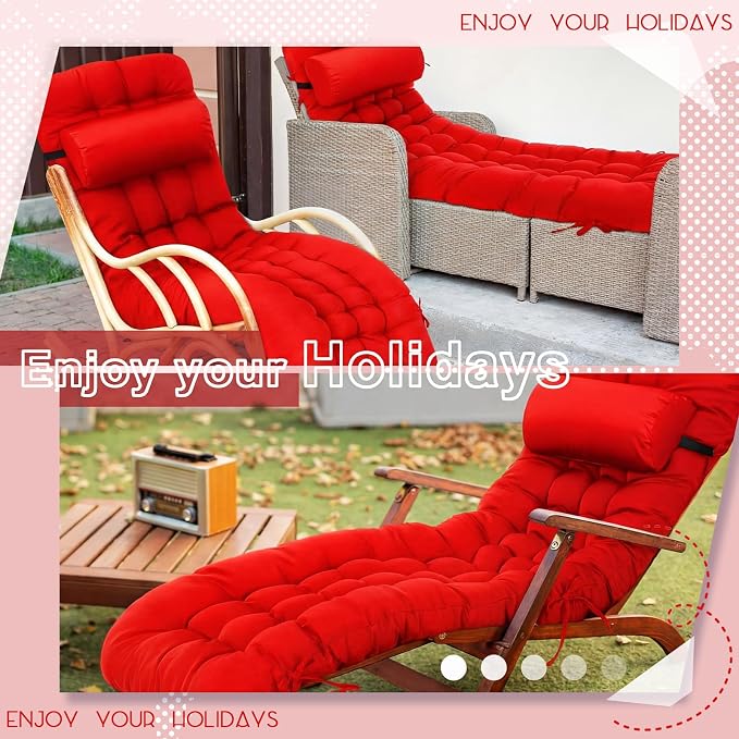 Tudomro 2 Pcs Bright Red 66'' Outdoor Chaise Lounge Cushion Waterproof Patio - Image 7