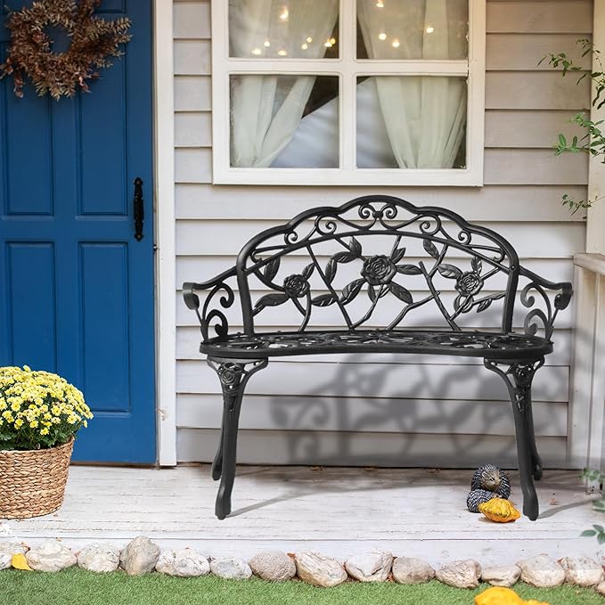 VINGLI 38.5" Patio Park Garden Outdoor Metal Rose Bench, 2-Person Cast Iron - Image 2