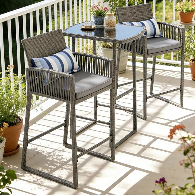 SUNSITT 3-Piece Outdoor Wicker Bar Height Table Set, 2 Bar Stools and 1 Pub by SUNSITT%7CPerfectYourOutdoorLiving