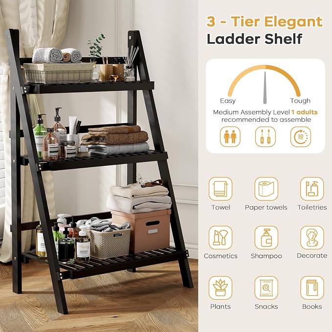 39.4" Foldable Plant Shelf Ladder Shelf, 3 Tier Bamboo Ladder Flower Pot - Image 5