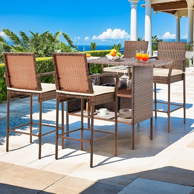 ECOTOUGE Set of 4 Patio Rattan Barstools, All-Weather Wicker Bar Height Chairs - Image 7