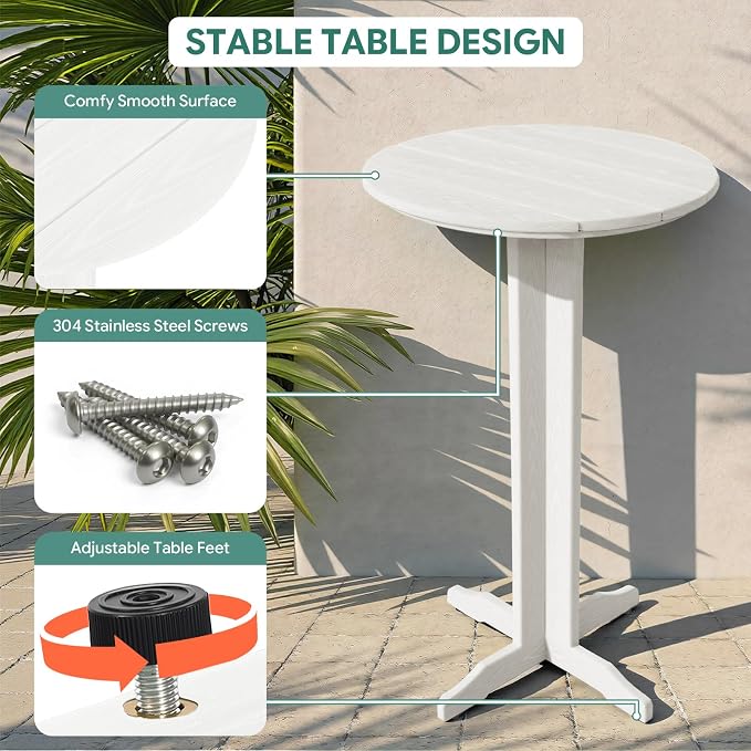 3-Piece Outdoor Bar Table Set, HDPE Patio Dining Set, 1 Round Bar Table & 2 Bar - Image 7