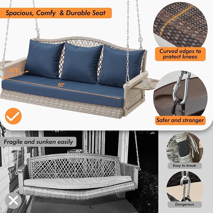 Upgraded Wicker Hanging Porch Swing Heavy Duty 900 LBS 3-Seat Outdoor Patio - Image 2