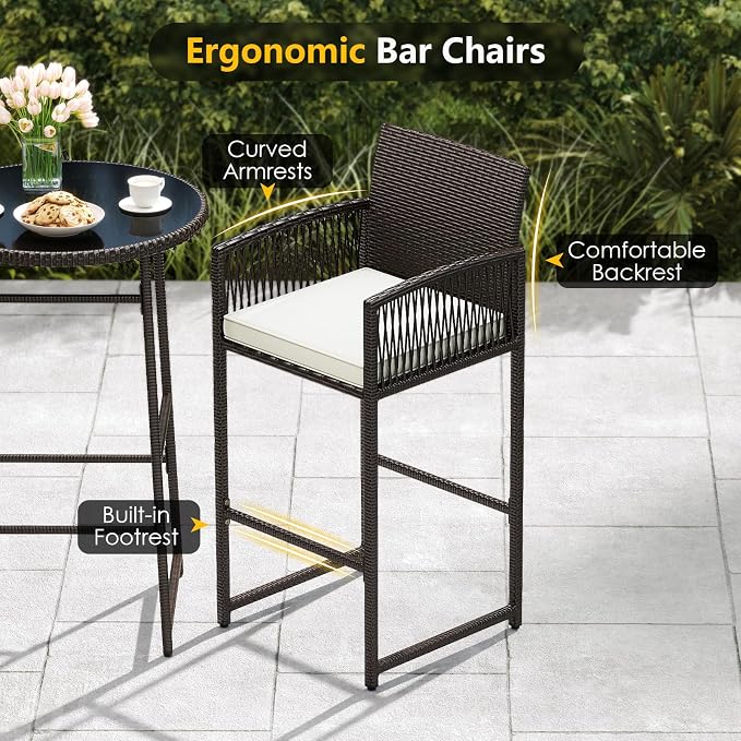 Tangkula 3 Piece Patio Bar Set, Outdoor Wicker Bar Height Glass Top Table & 2 - Image 7