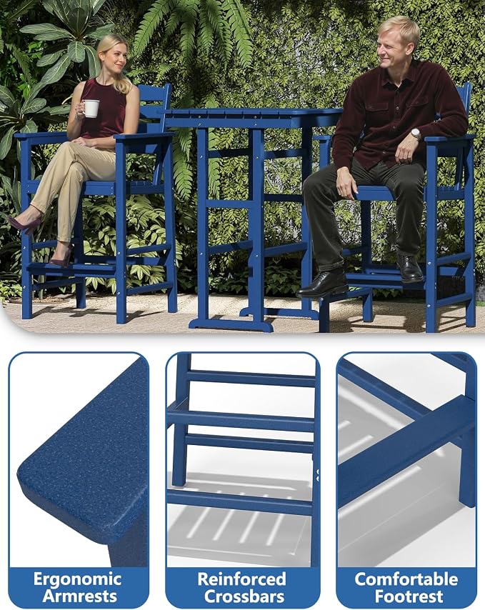 FOOWIN 3 Piece Outdoor Bar Height Table and Chairs, All Weather HDPE Patio Bar - Image 5