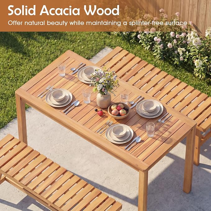 Tangkula 3 Pieces Acacia Wood Patio Dining Set, Outdoor Rectangular Table and - Image 6