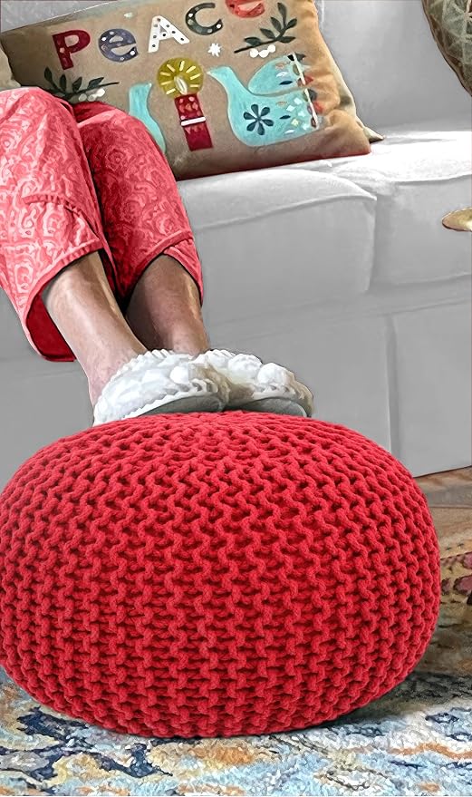 COTTON CRAFT - Hand Knitted Cable Style Dori Pouf - Red - Floor Ottoman - - Image 4