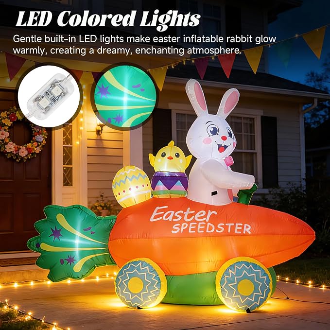 Inflatable Easter Bunny with Carrot Car and Easter Eggs, 6FT Easter Inflatables - Image 4