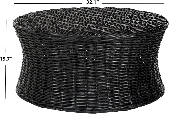 SAFAVIEH Home Collection Ruxton Black Rattan Round Coffee Table Ottoman - Image 3