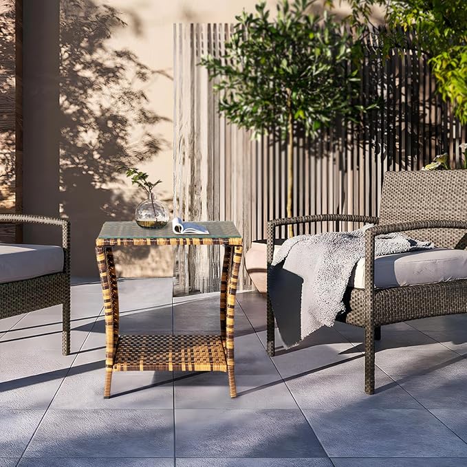 Wicker Rattan Side Table, Outdoor Square Rattan Coffee End Table - Image 8