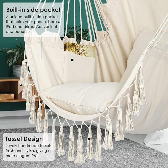 Y- STOP Hammock Chair Hanging Rope Swing, Max 500 Lbs, 2 Cushions Included - Image 3