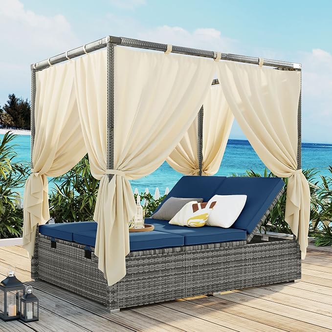Patio Chaise Lounge, Four-sided Canopy, Overhead Curtain and Blue Cushions by HarperBrightDesigns