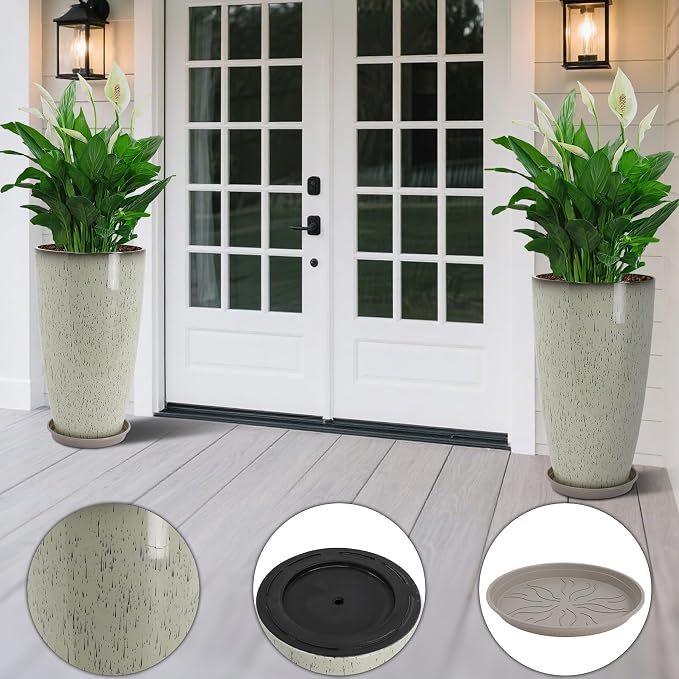 Set of 2 Lightweight Ceramic-Look Tall Planter, 21 inch Large Plastic Planter - Image 4