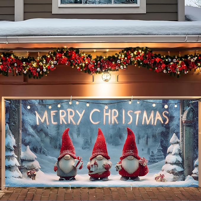 Christmas Garage Door Banner 6x13FT, Cute Christmas Gnomes by ANNAQUEEN