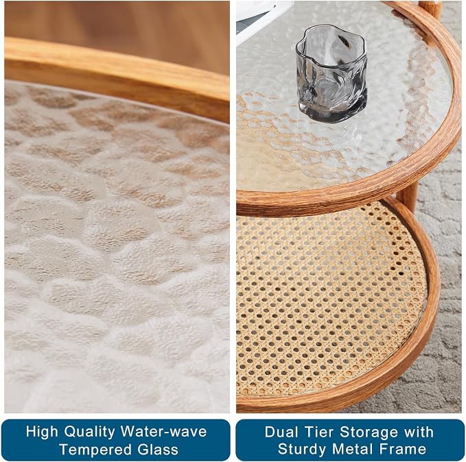 VINGLI 38" Rattan Oval Coffee Table, Water-Wave Glass Metal Center Table - Image 4