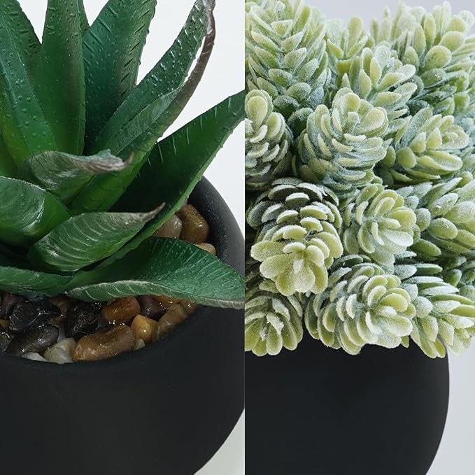 Winlyn Set of 3 Artificial Succulent Plants in Black Concrete Pots Faux Aloe - Image 3