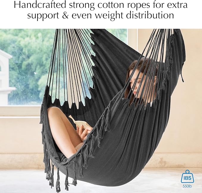 PNAEUT Hammock Chair with Tassel Hanging Rope Swing - Image 3