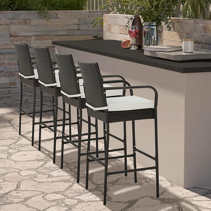 COSTWAY Wicker Bar Stools Set of 4, Patio Bar Height Chairs - Image 2