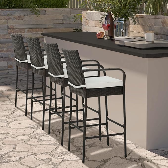 COSTWAY Wicker Bar Stools Set of 2, Patio Bar Height Chairs - Image 8