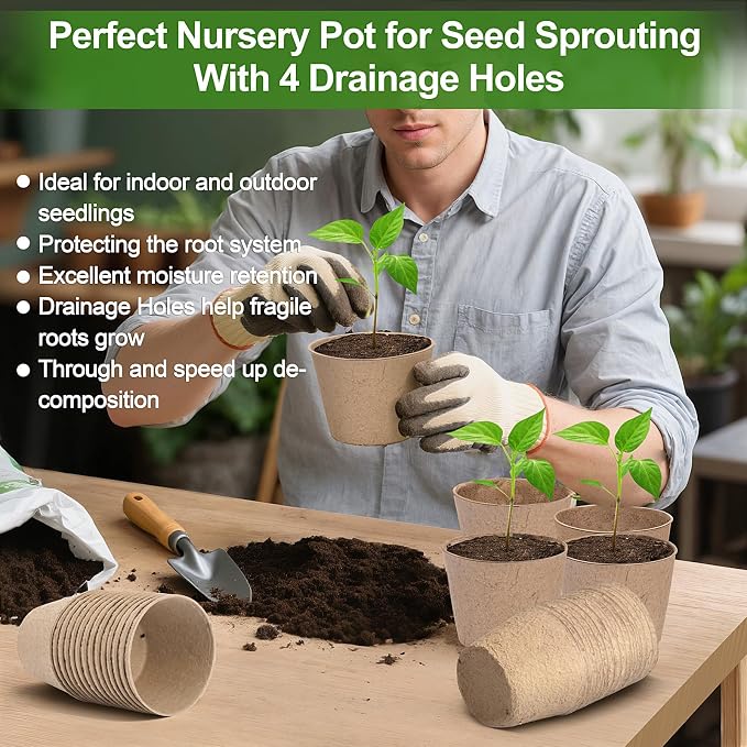 Peat Pots, 60 Pack Plant Starter Round Nursery Pot - Image 2