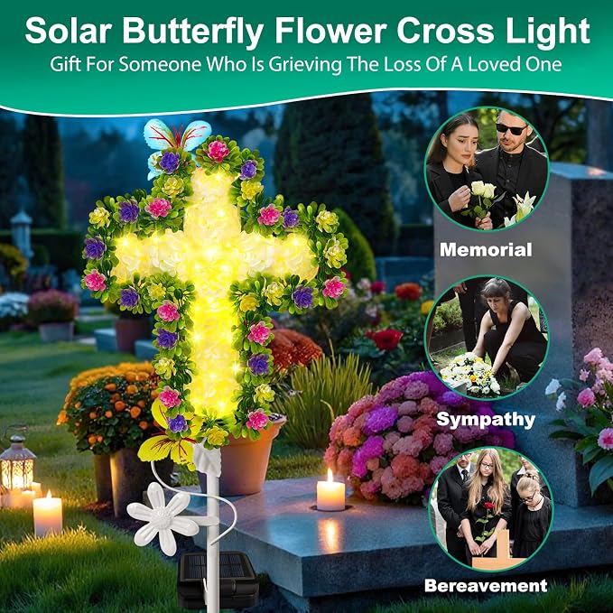 YJFWAL Solar Flower Cross for Cemetery Grave, Grave Decorations for Cemetery - Image 3