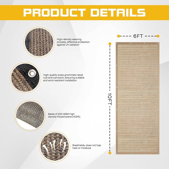 6'x 10' Pergola Shade Cover, Sand Outdoor Sun Shade Cloth - Image 3