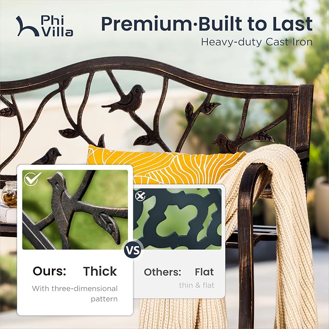 PHI VILLA Outdoor Garden Park Bench Patio 50" Metal Bench, Steel Frame Bench - Image 4